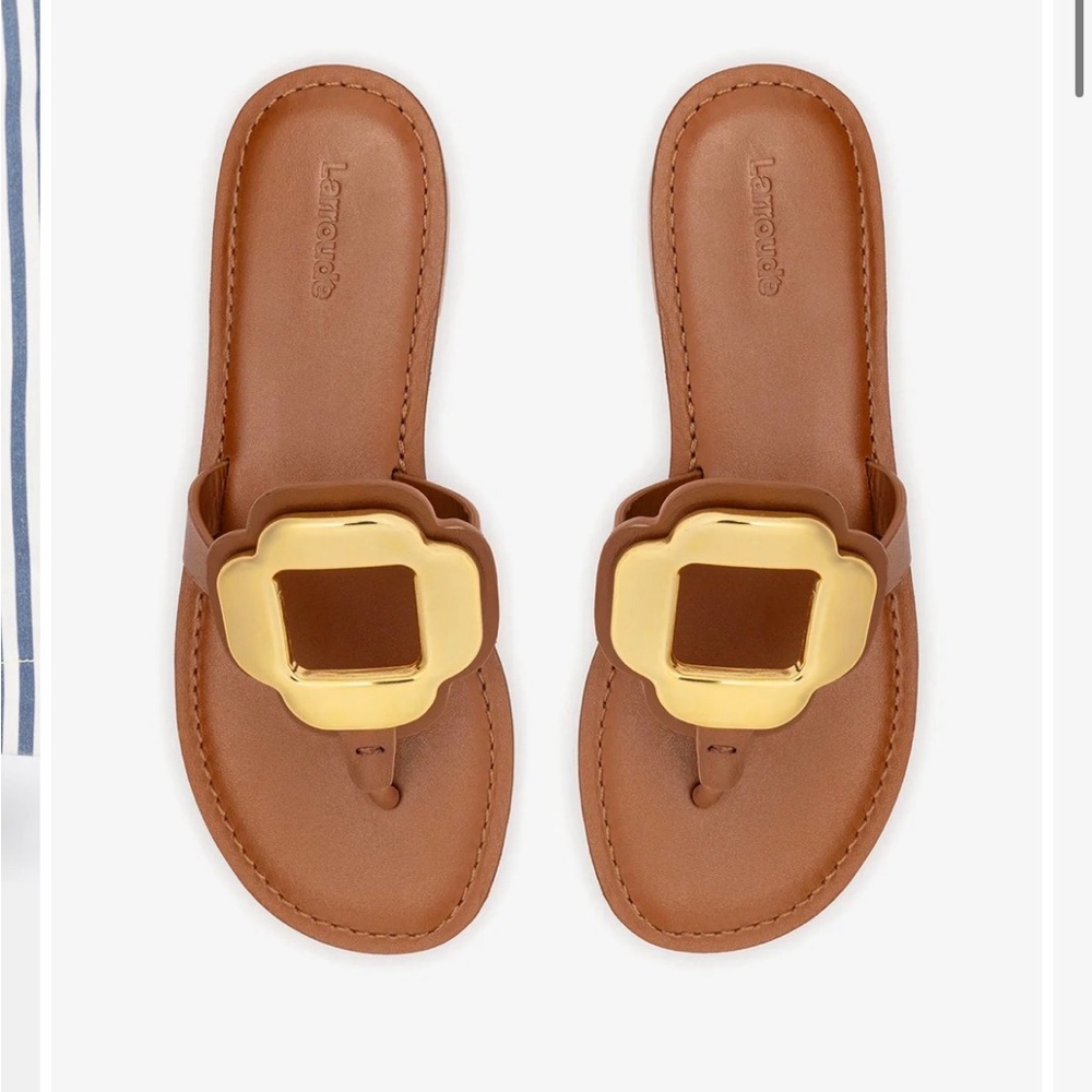 Larroude Margherita Leather Sandals with Gold Buckle Accent Caramel